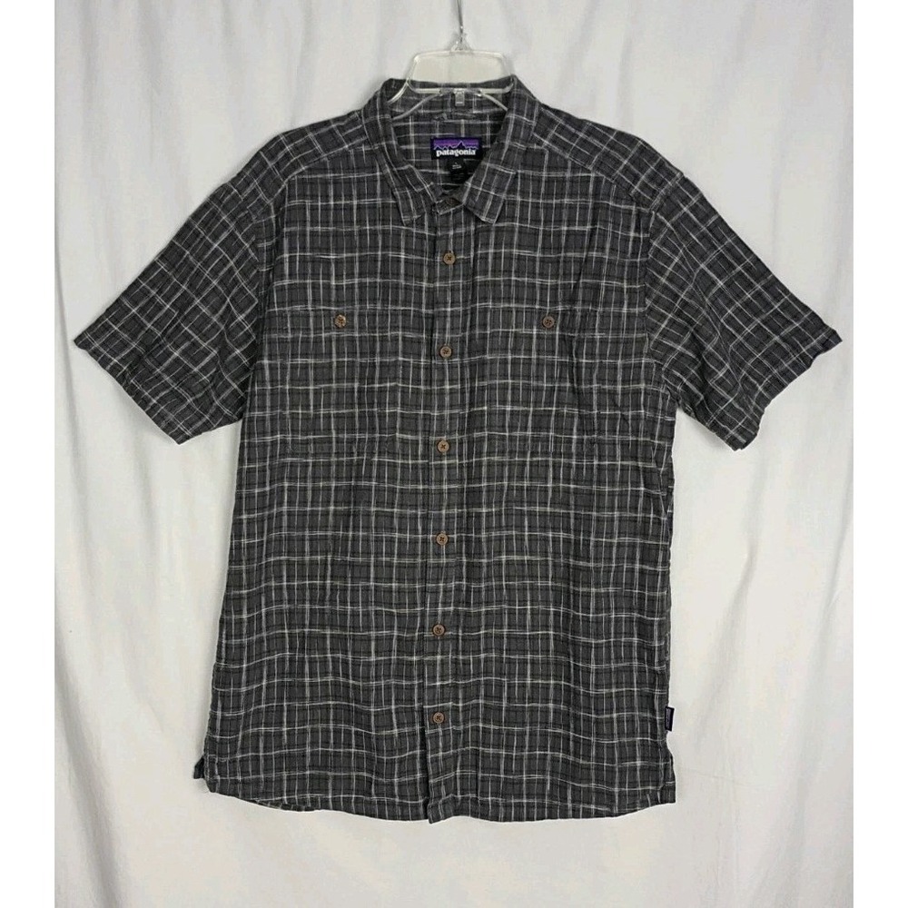 Patagonia Mens Sz L Blend  Organic Cotton  Plaid Gray Checked Short Sleeve Shirt